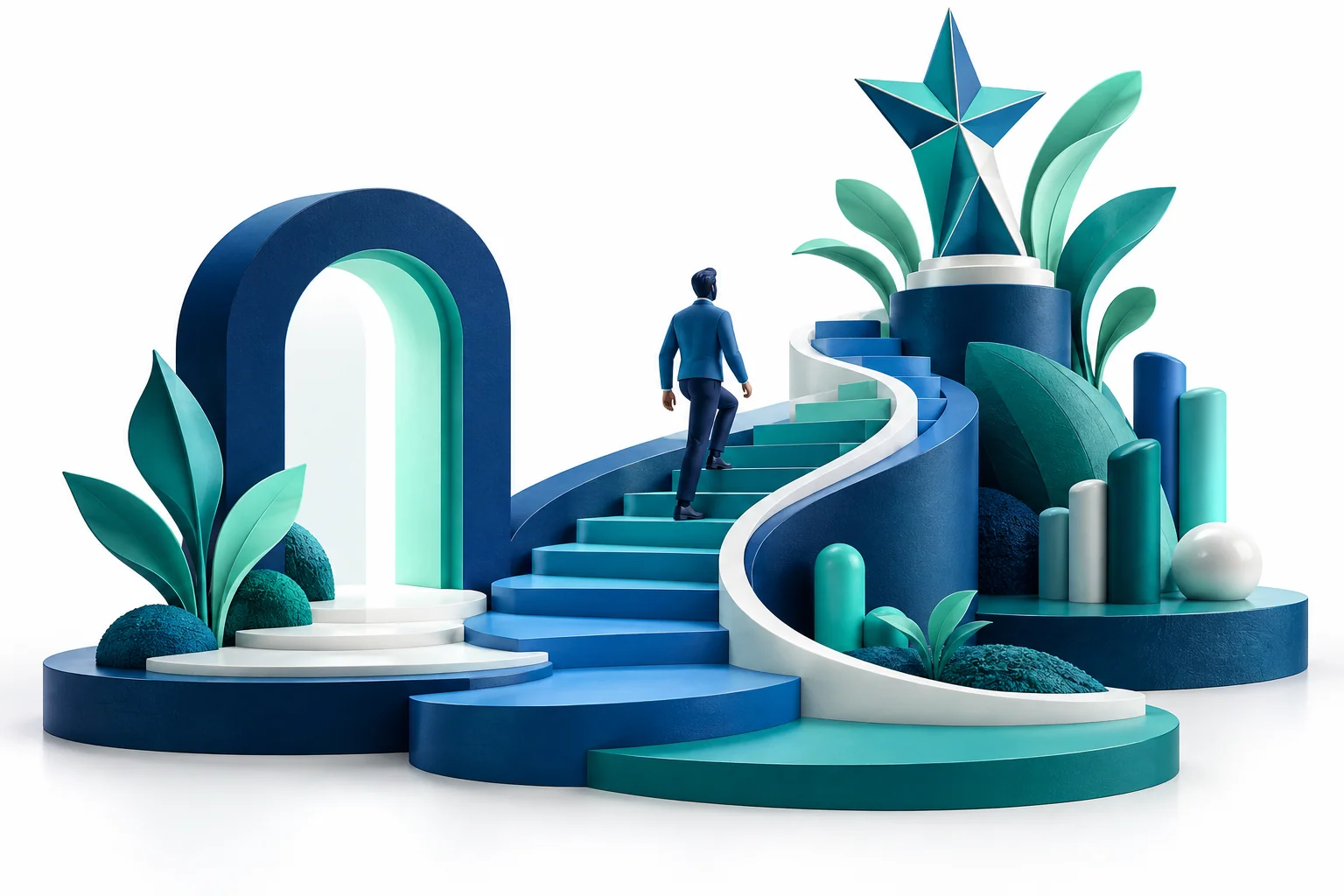 Conceptual illustration of the employee lifecycle from onboarding to growth and rewards.