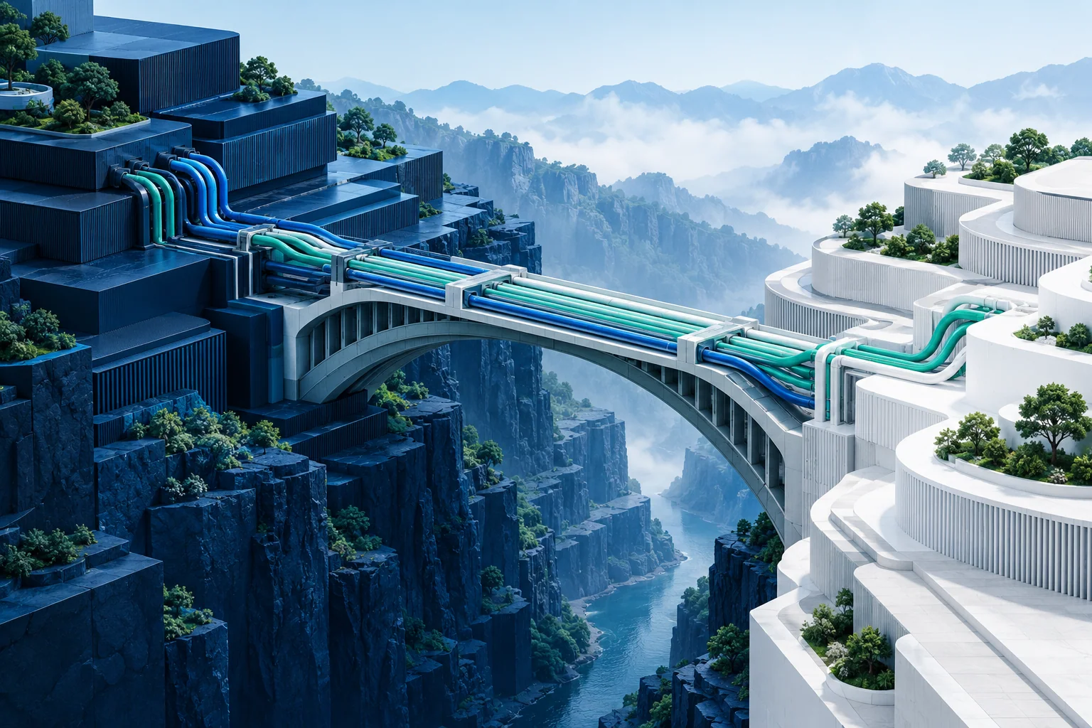 Conceptual architectural illustration of bridges and conduits connecting systems.